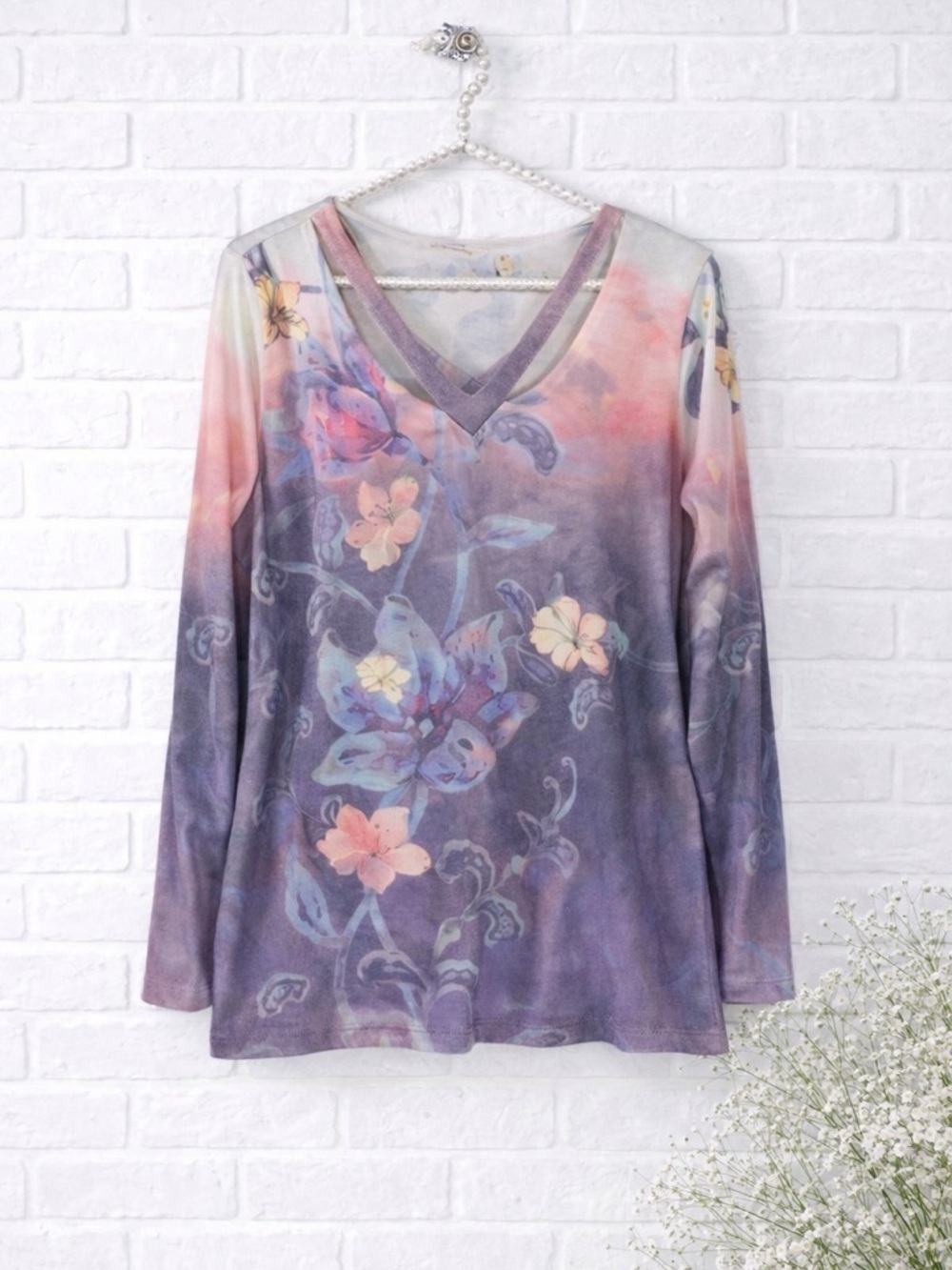 Soft Surroundings Floral Print Fleece Pullover Long Sleeve Top Size S